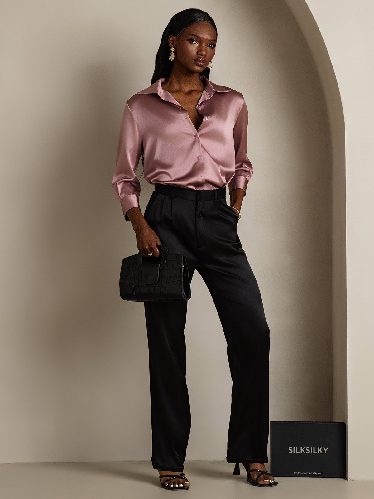 [Pale Mauve] SilkSilky-UK 19Momme Silk Lapel Collar Women's Shirt 007