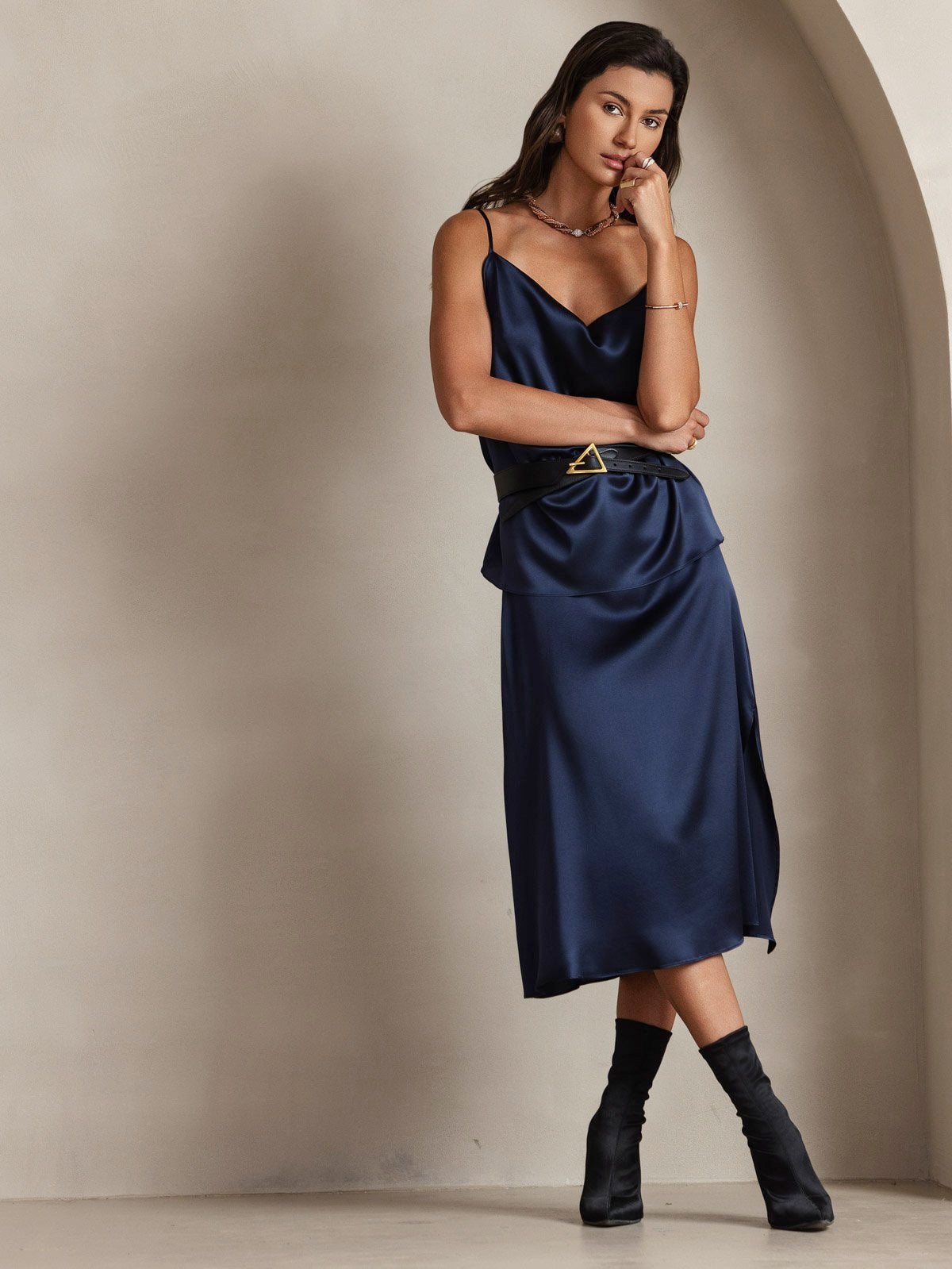 [Dark Blue] SilkSilky-UK 19Momme Stretch Silk Charmeuse Spaghetti Strap Cowl Neck Camisole 005