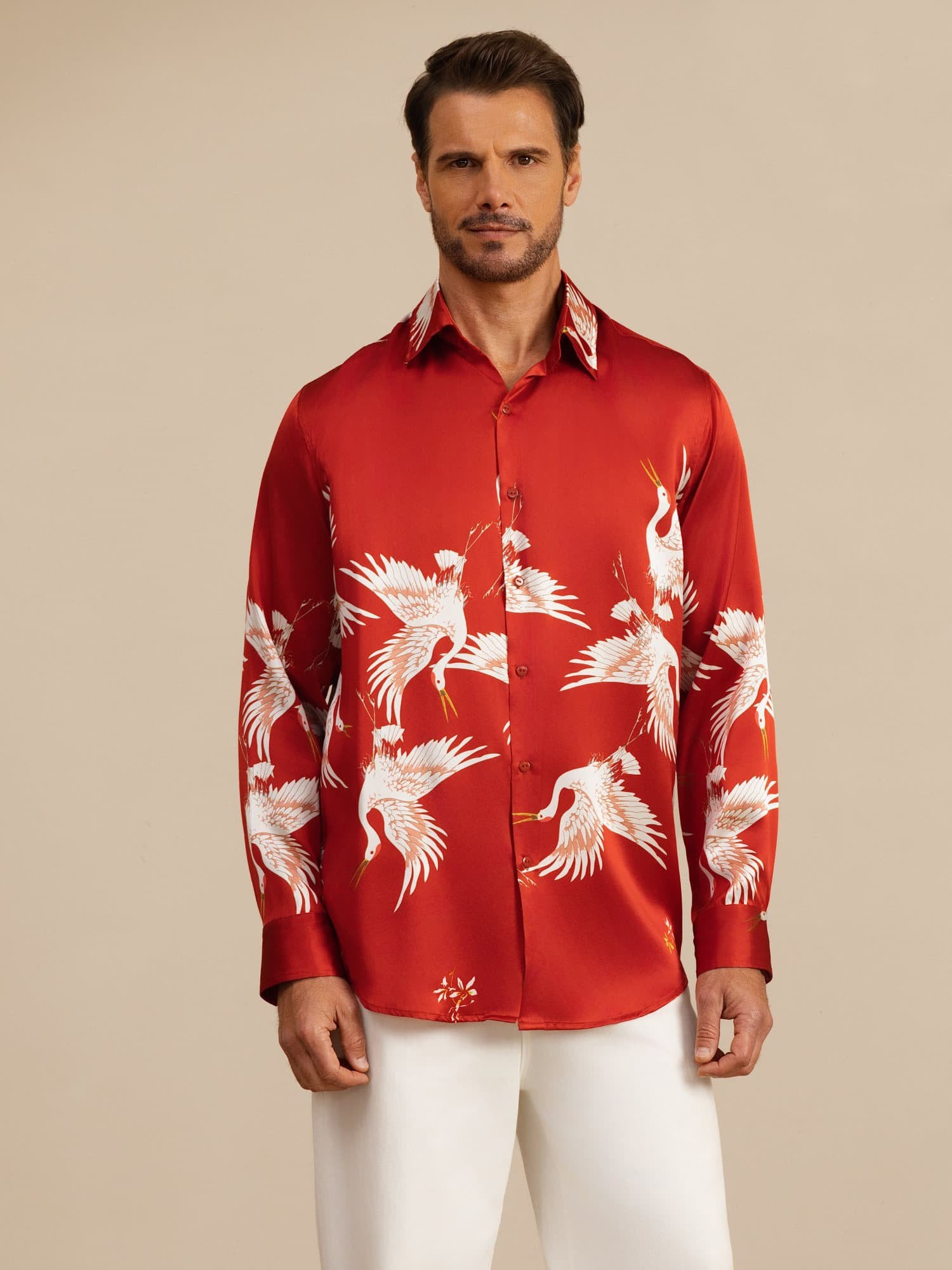 [Wine] SilkSilky-UK 19Momme Long Sleeve Lapel Collar Men's Shirt 005