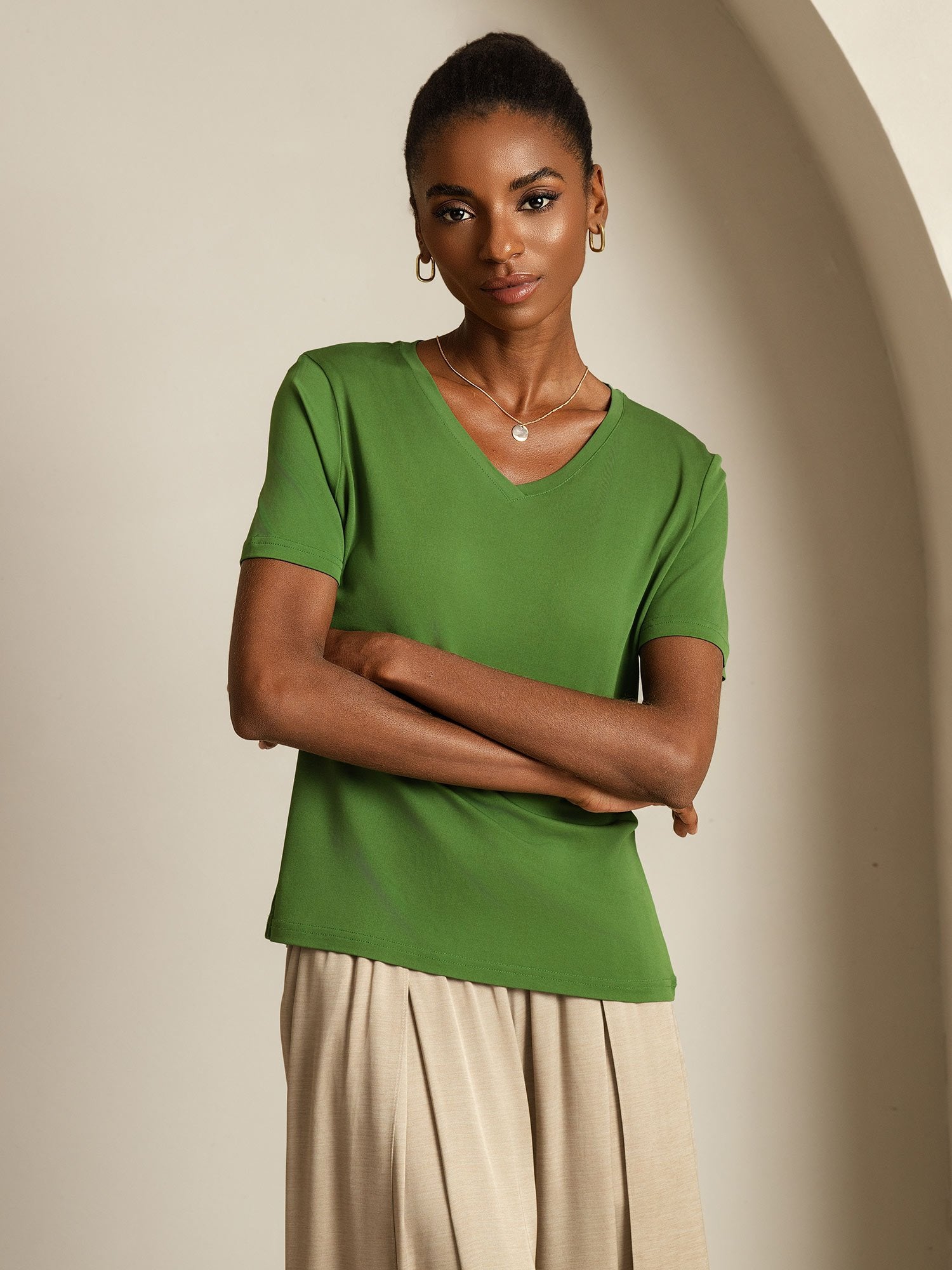[Green] SilkSilky-UK Pure Silk V Neck Women's T-Shirt 007