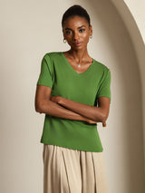 [Green] SilkSilky-UK Short Sleeve V Neck Women's T-Shirt 007