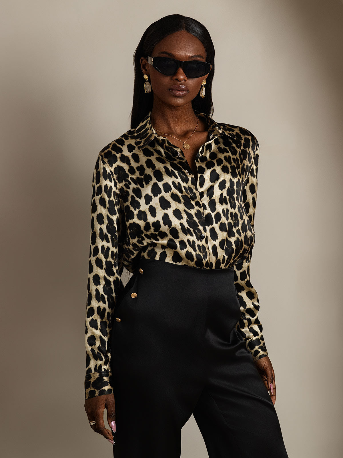 SilkSilky-UK Silk Long Sleeve Collar Women's Shirt Leopard 003