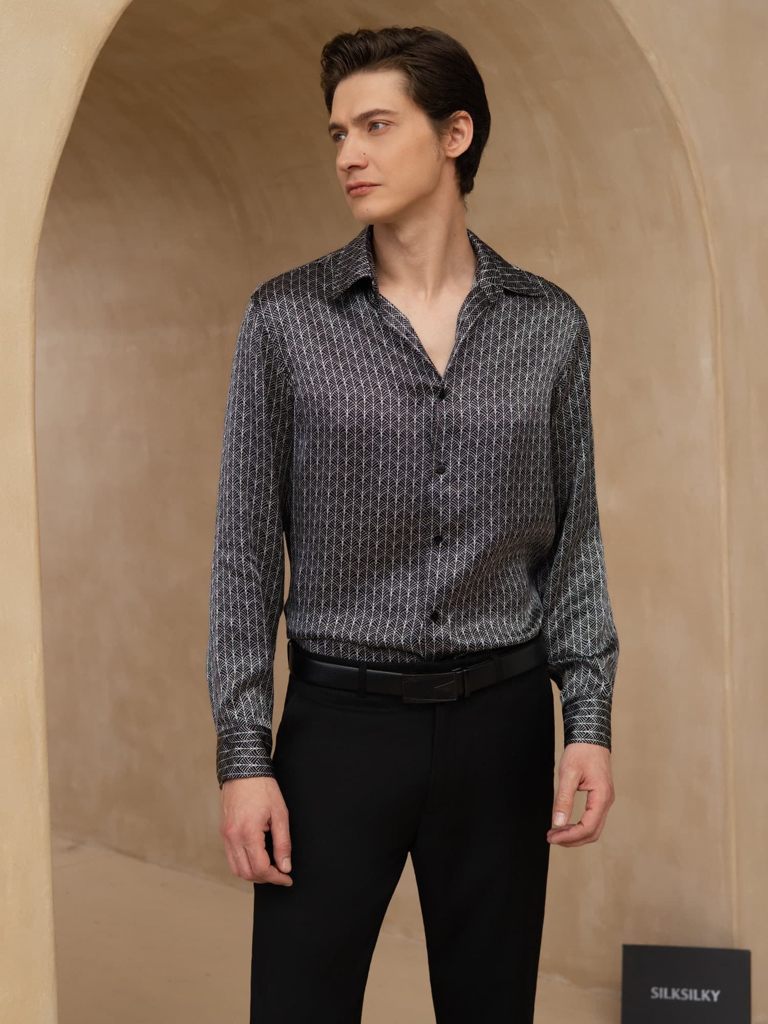 [Black Ginkgo] SilkSilky-UK Long Sleeve Lapel Collar Men's Shirt 005