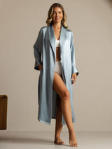 [Grayish Blue] SilkSilky-UK Pure Silk Collar Women's Dressing Gown 008,