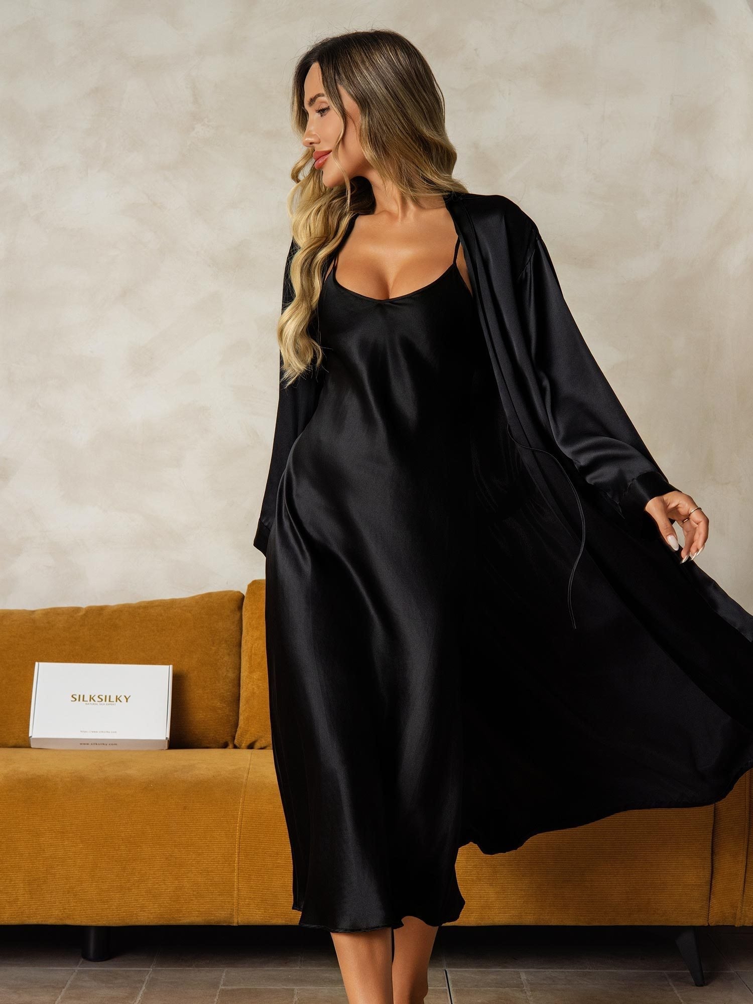 [Black] SilkSilky-UK Long Sleeve V Neck Nightdress&Dressing gowns 005