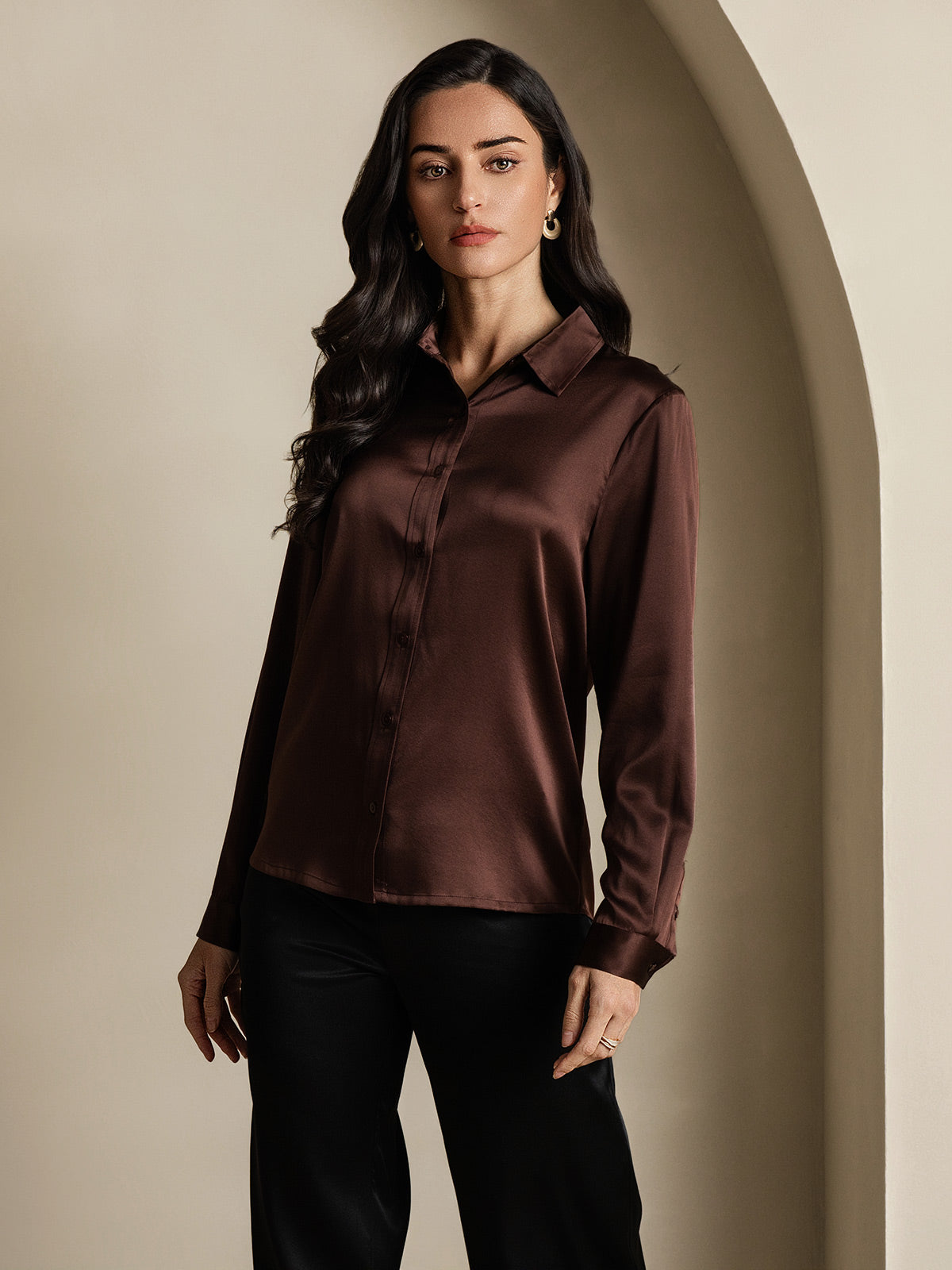 SilkSilky-UK 19Momme Silk Long Sleeve Collar Women's Shirt Coffee 003