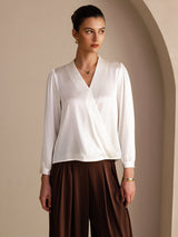 [White] SilkSilky-UK Long Sleeve Wrap Women's Blouse 001