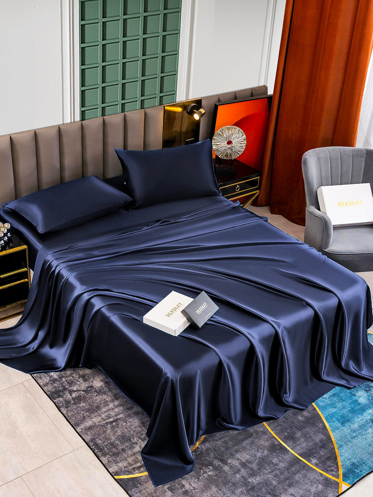 SilkSilky UK 25Momme Pure Silk Bedding Set DarkBlue 003