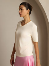 [Beige] SilkSilky-UK 100% High-Twist Silk Jersey Short Sleeve V Neck Women's T-Shirt 006