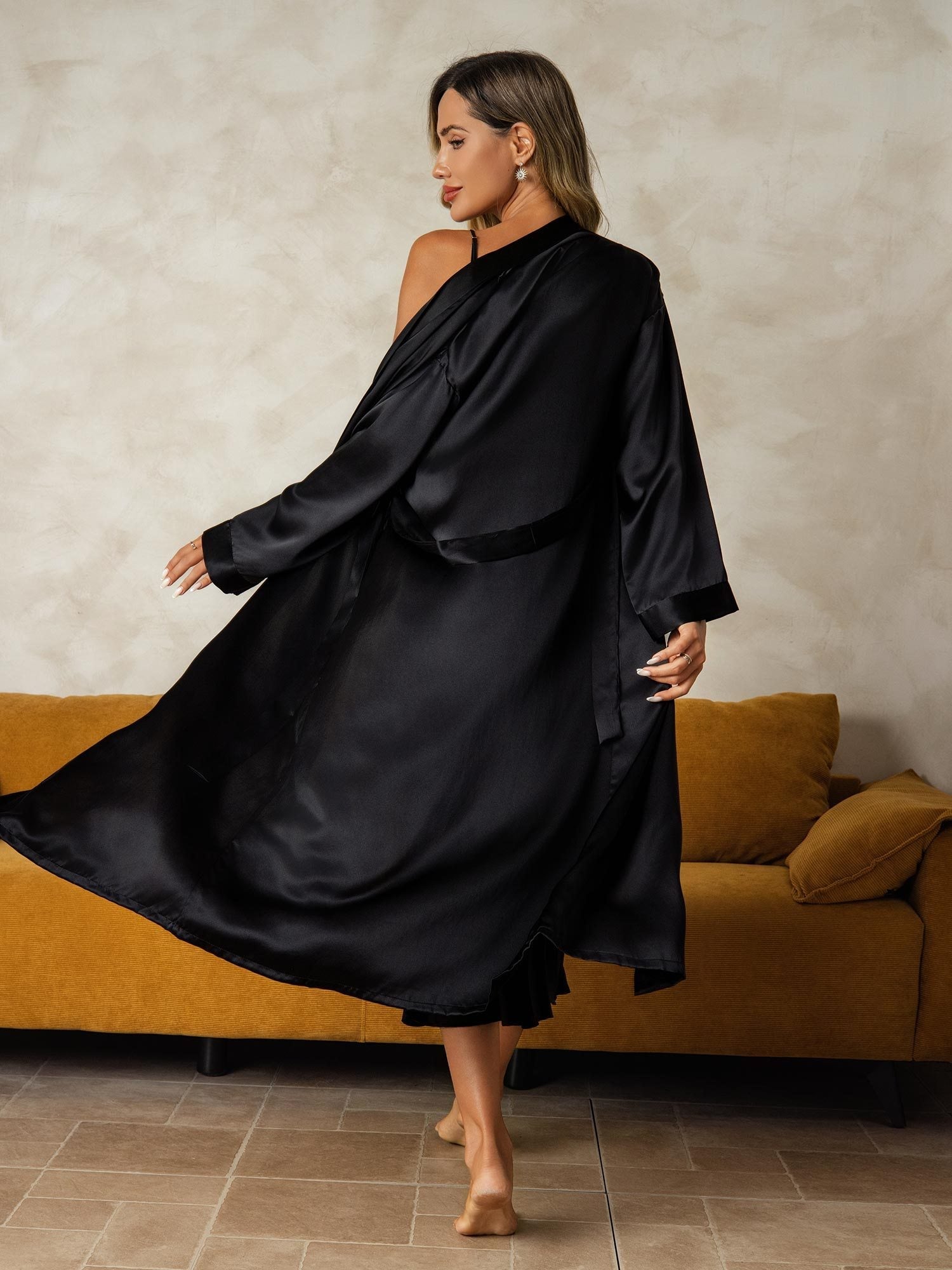 [Black] SilkSilky-UK Long Sleeve V Neck Nightdress&Dressing gowns 002