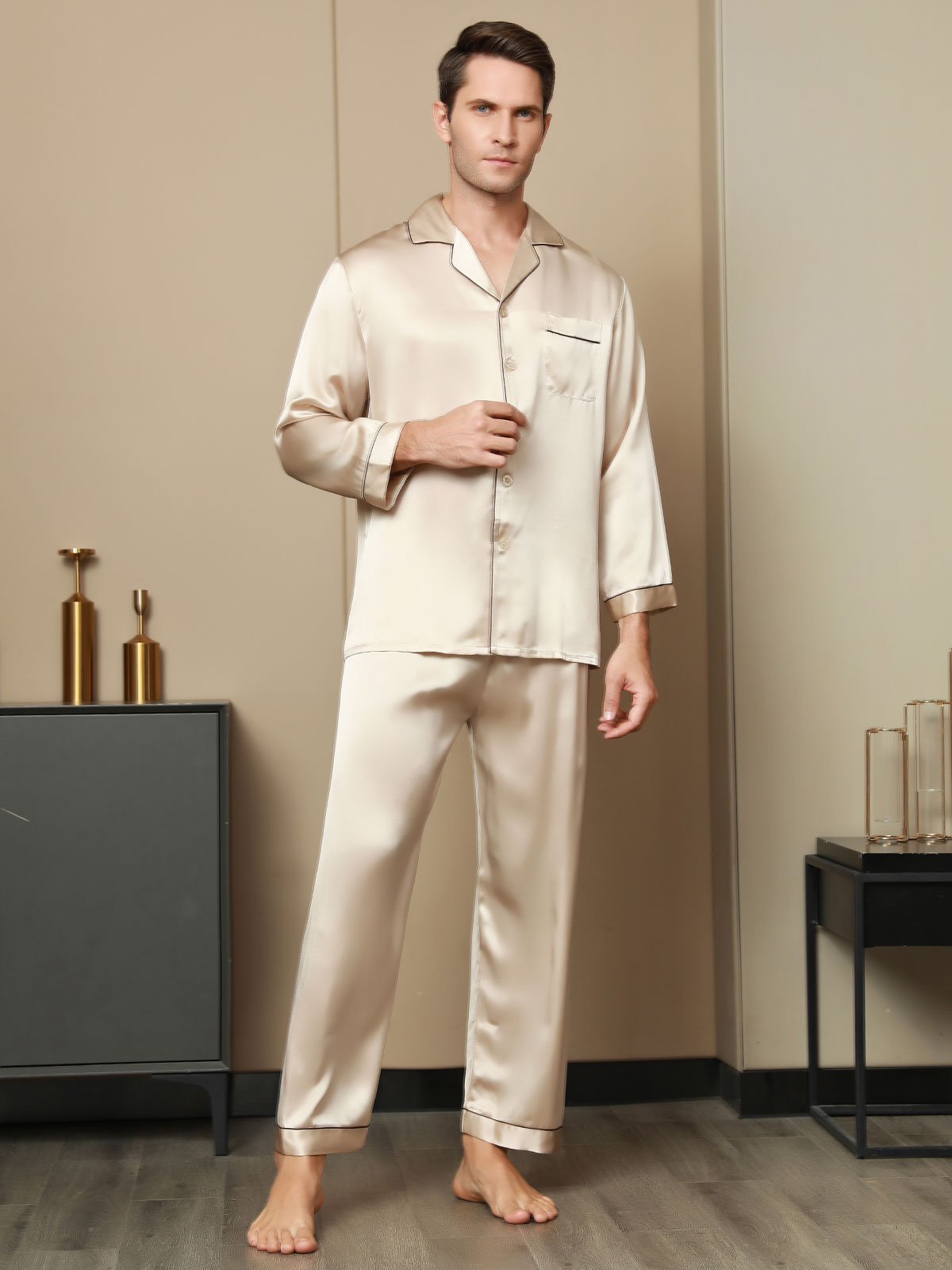 SilkSilky UK Pure Silk Long Sleeve Lapel Men's Pyjamas Tan 003