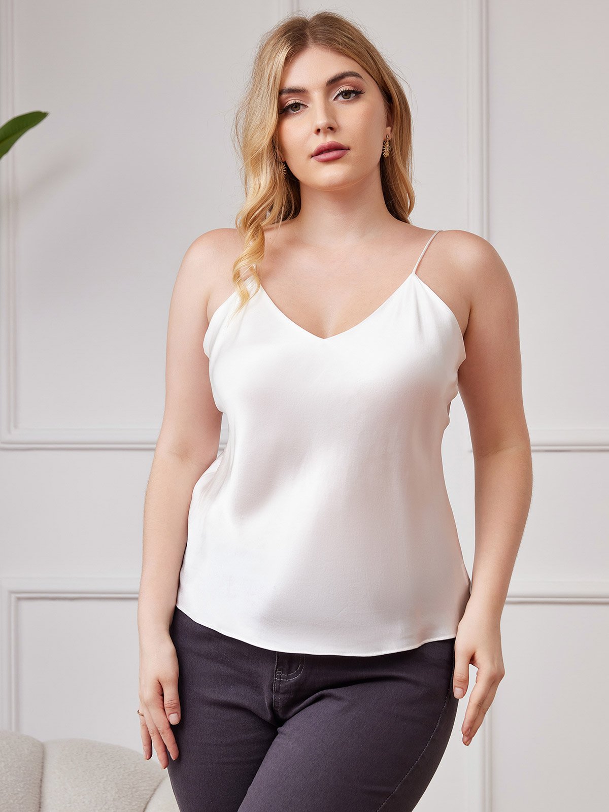 SilkSilky UK Pure Silk V Neck Plus Size Camisole Top White 001