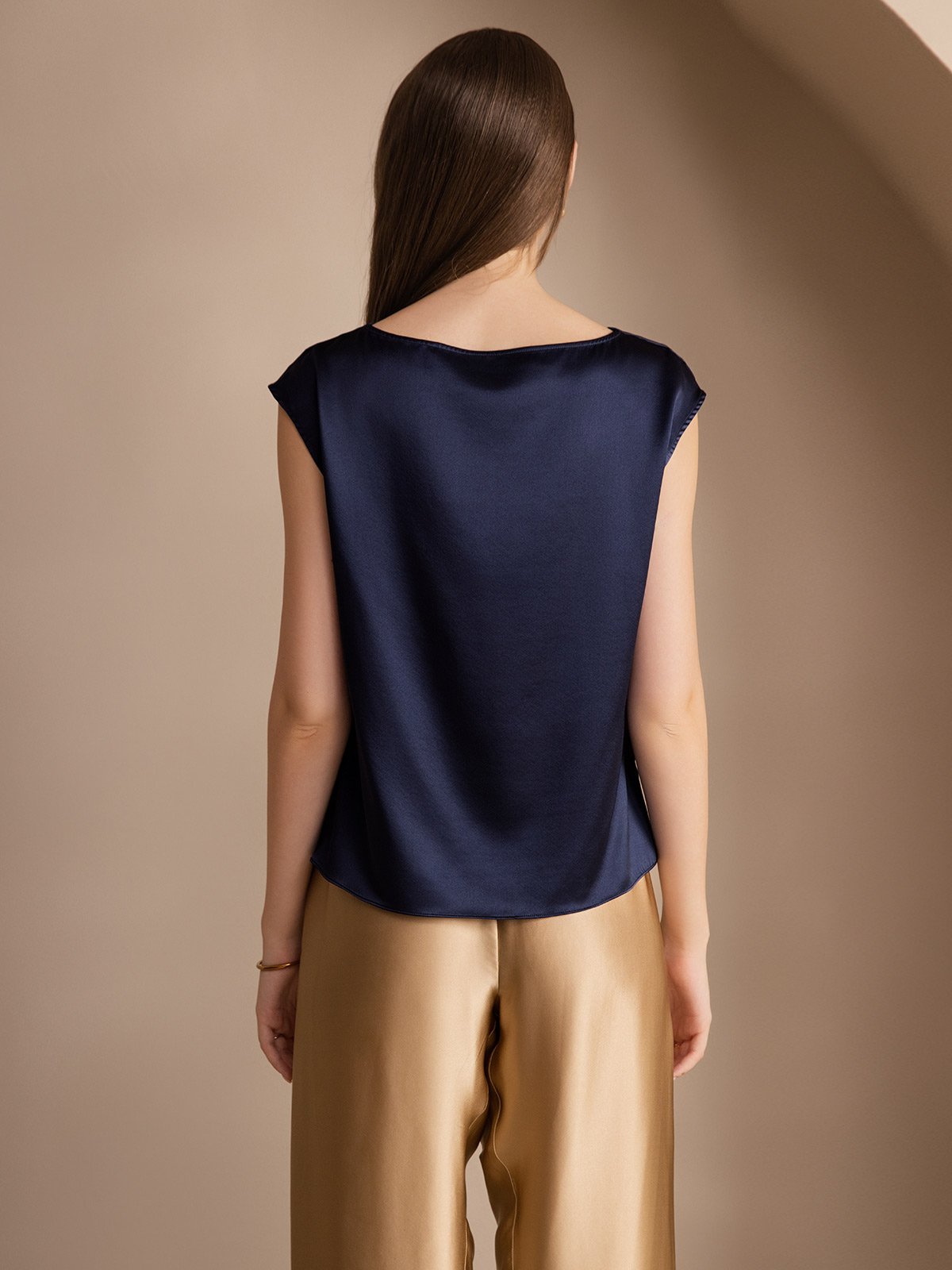 [Dark Blue] SilkSilky-UK 19Momme Silk Sleeveless Cowl Neck Women's T-Shirt 002