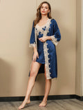 SilkSilky UK Pure Silk 3/4 Sleeve Nightgown&Robe Set Blue 002