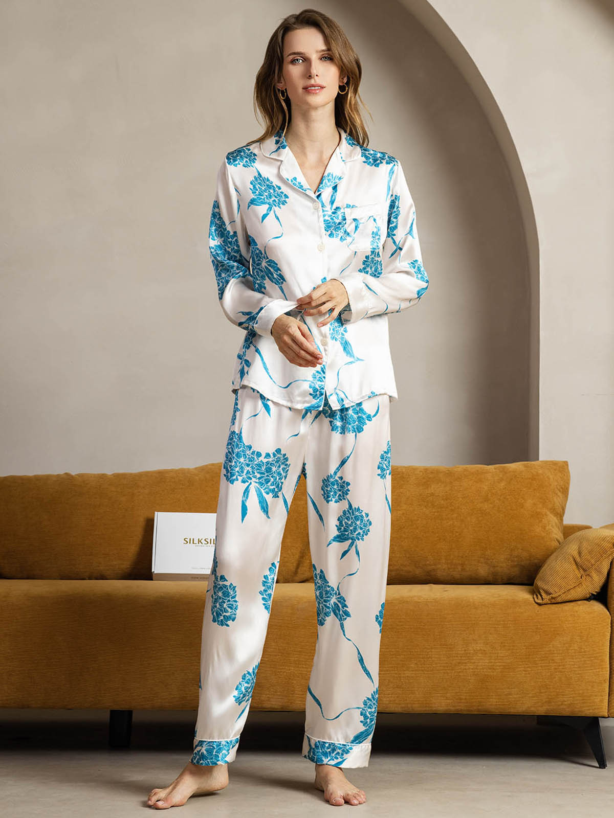 [Blue Floral] SilkSilky-UK Pure Silk Womens Pajamas 003