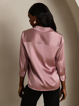 [Pale Mauve] SilkSilky-UK 19Momme Stretch Silk Charmeuse 3/4 Sleeve Lapel Collar Women's Shirt 002