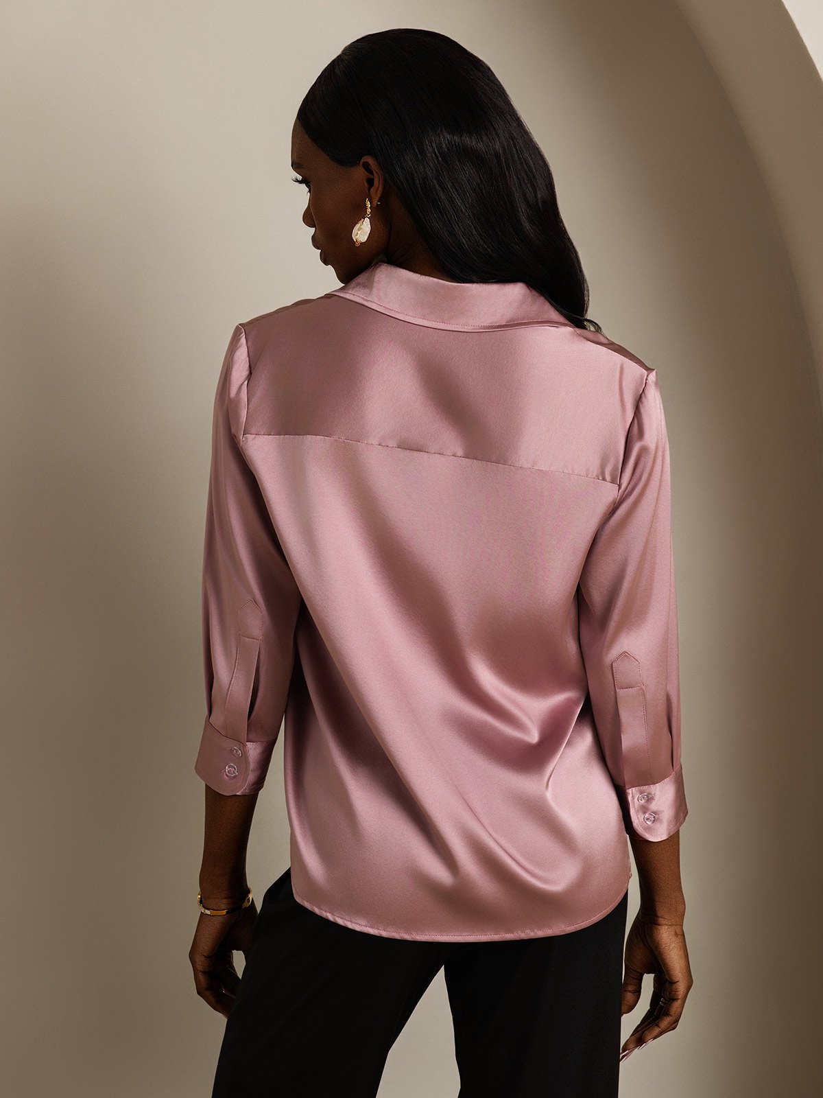 [Pale Mauve] SilkSilky-UK 19Momme Silk Lapel Collar Women's Shirt 002