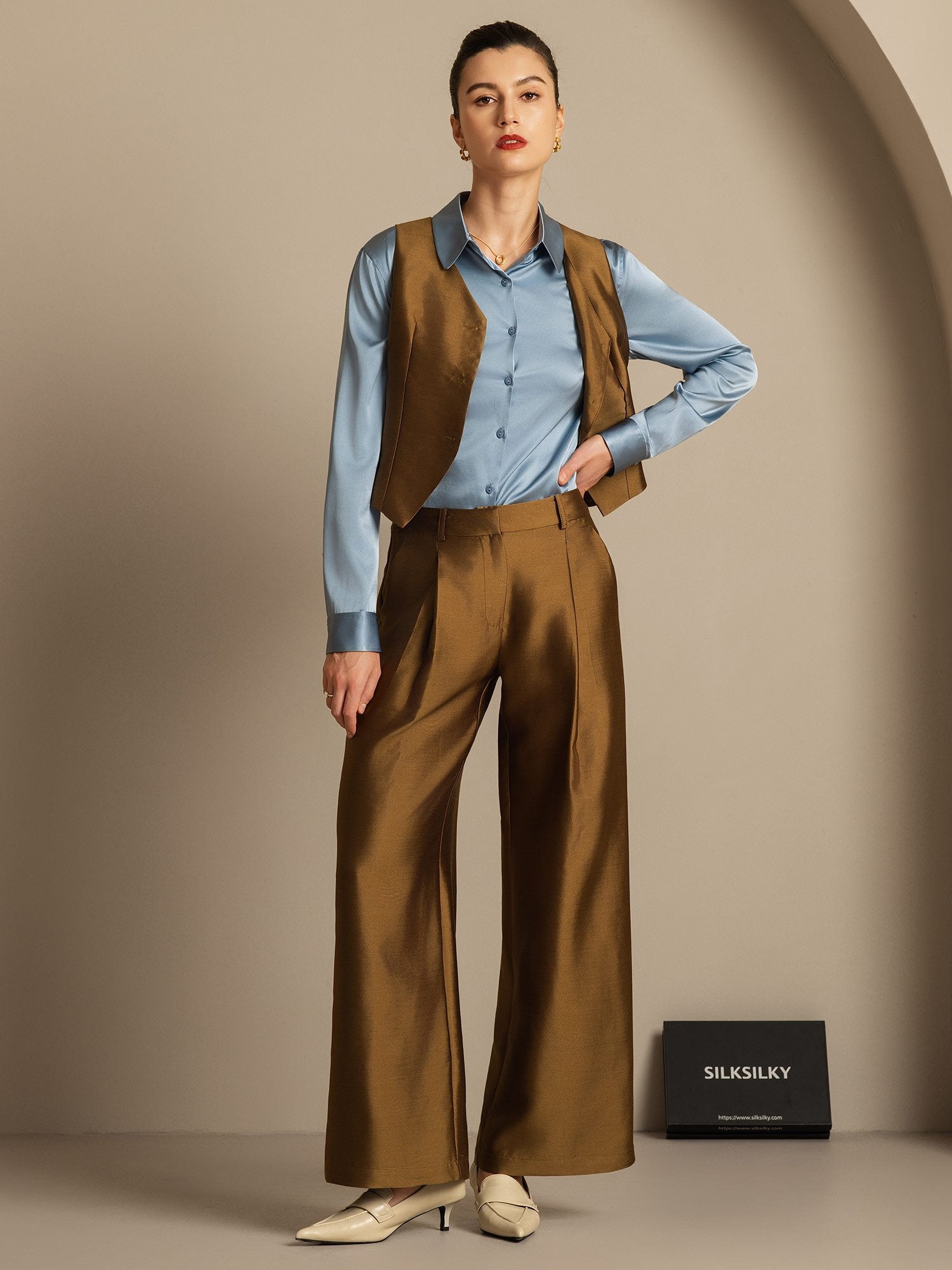 [Bronze] SilkSilky-UK 32Momme Silk-Wool Blend V Neck Women's Vest 008