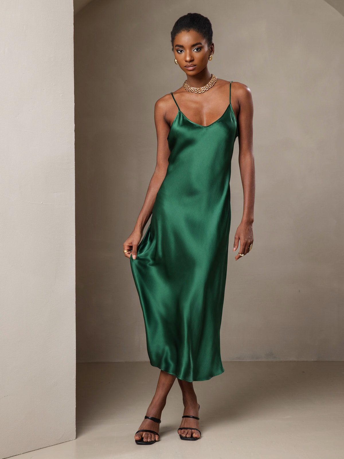 SilkSilky-UK Pure Silk Sleeveless Round Neck Dress Green 006