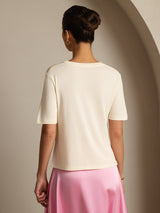 [Beige] SilkSilky-UK 100% High-Twist Silk Jersey Short Sleeve V Neck Women's T-Shirt 002