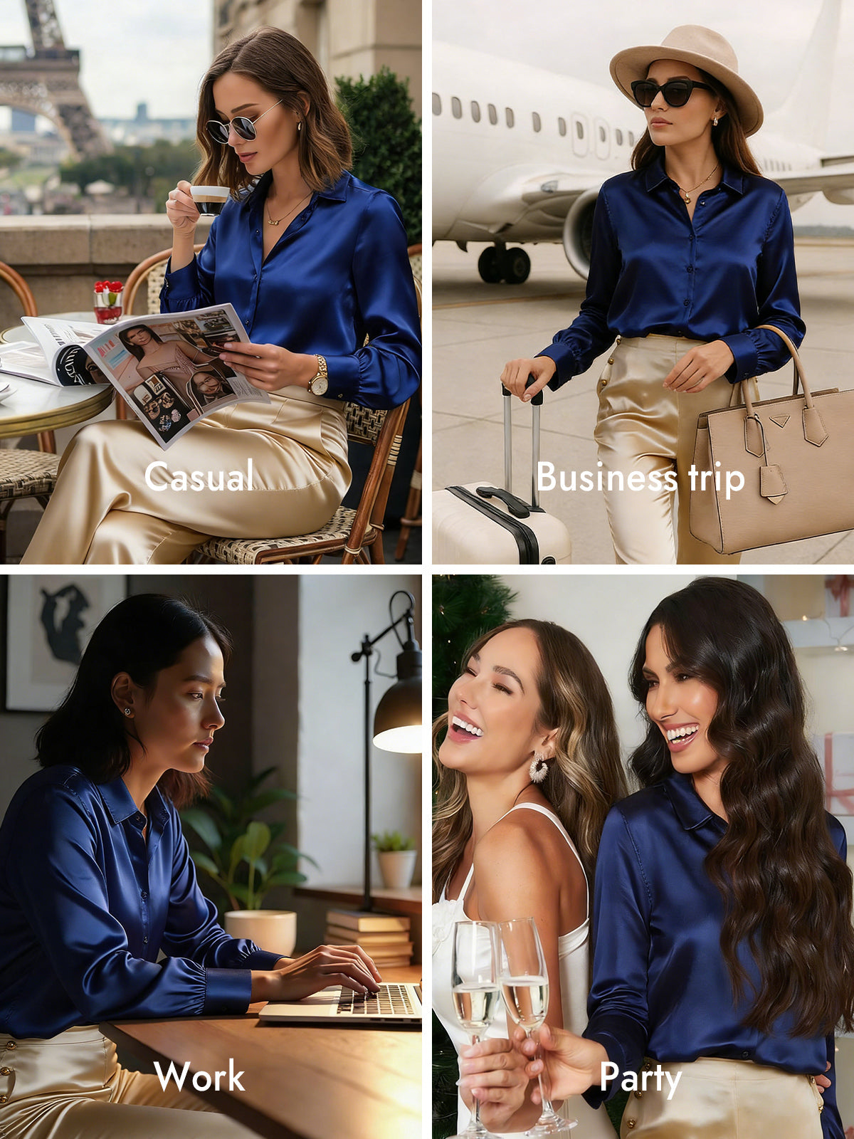 [Dark Blue] SilkSilky-UK Silk Long Sleeve Collar Women's Shirt 009