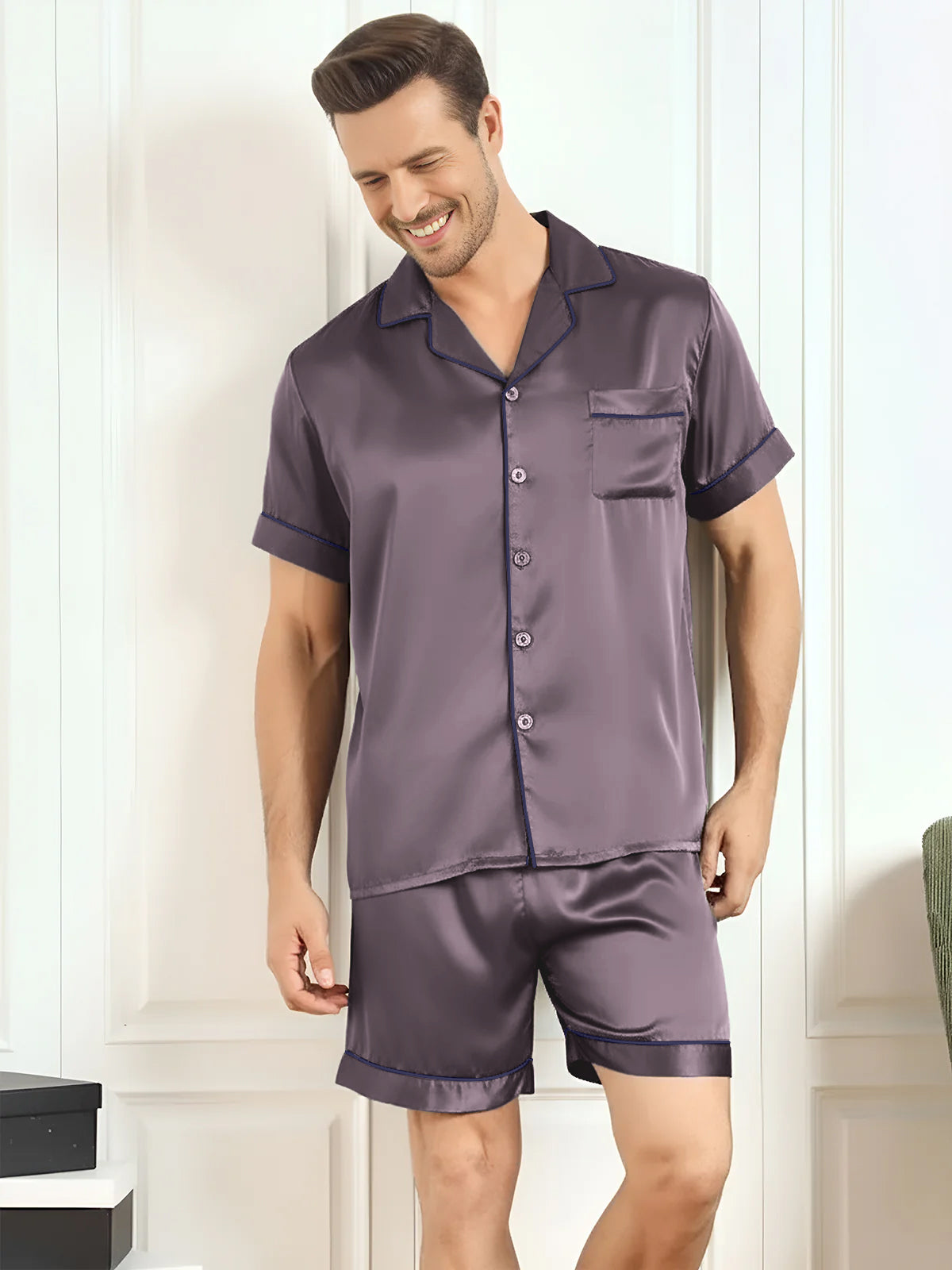 [Purple Gray] SilkSilky-UK Pure Silk Mens Pajamas 001,