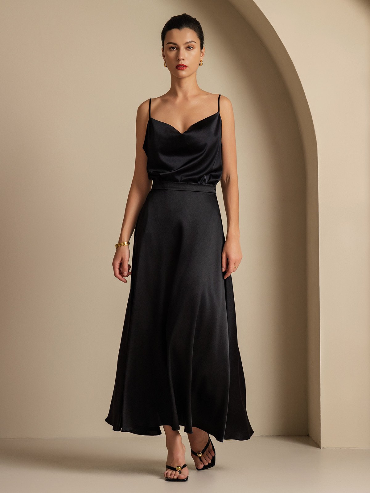 [Black] SilkSilky-UK 19Momme Stretch Silk Charmeuse Skirt 002