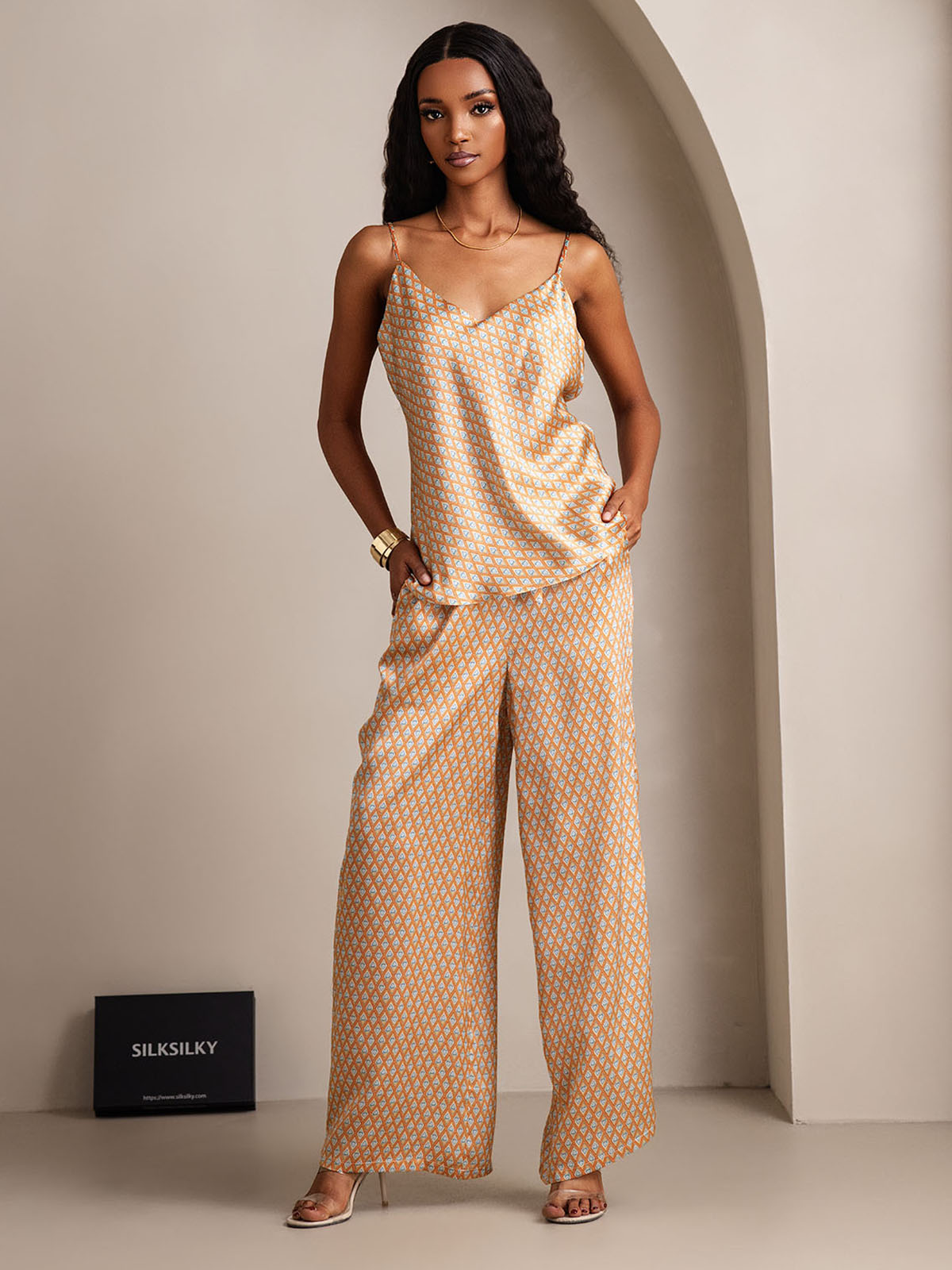 [Floral] SilkSilky-UK Pure Silk V Neck Camisole Set 001