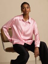 [Pink Stripe] SilkSilky-UK Long Sleeve Lapel Collar Women's Shirt 003