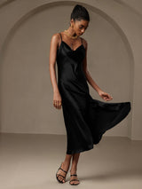 [Black] SilkSilky-UK Spaghetti Strap Cowl Neck Dress 005