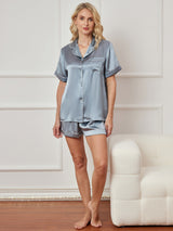 [Steel Blue] SilkSilky-UK Short Sleeve Lapel Collar Women's Pyjamas 003