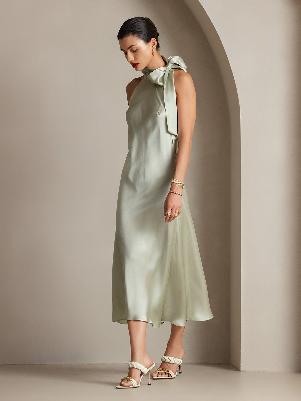 [Light Green] SilkSilky-UK 19Momme Silk Sleeveless Tie Neck Dress 006