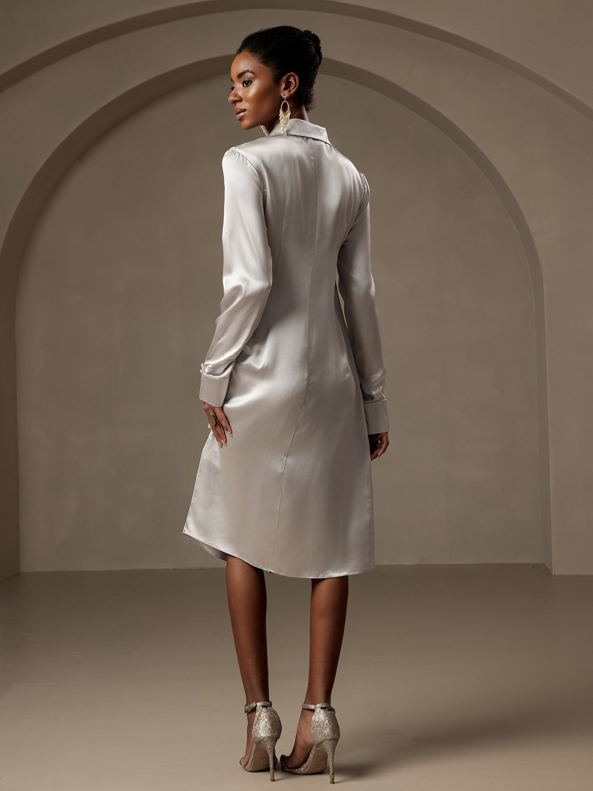 [Silver] SilkSilky-UK 19Momme Silk V Neck Dress 002