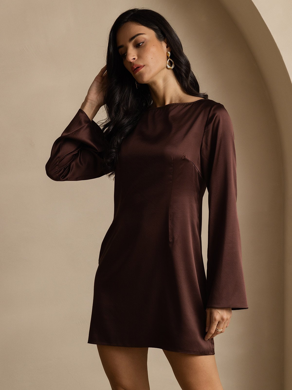 SilkSilky-UK 19Momme Silk Long Sleeve Boat Neck Dress Coffee 006