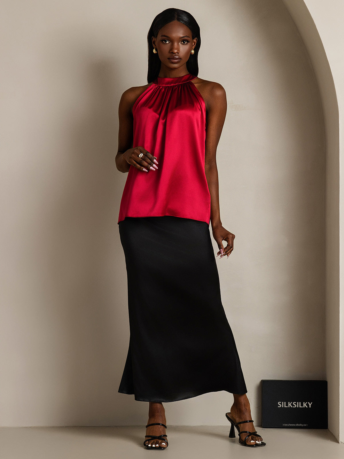 [Wine] SilkSilky-UK 19Momme Silk Sleeveless Halter Neck Women's T-Shirt 001