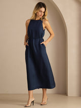 [Dark Blue] SilkSilky-UK Sleeveless Crew Neck Dress 003