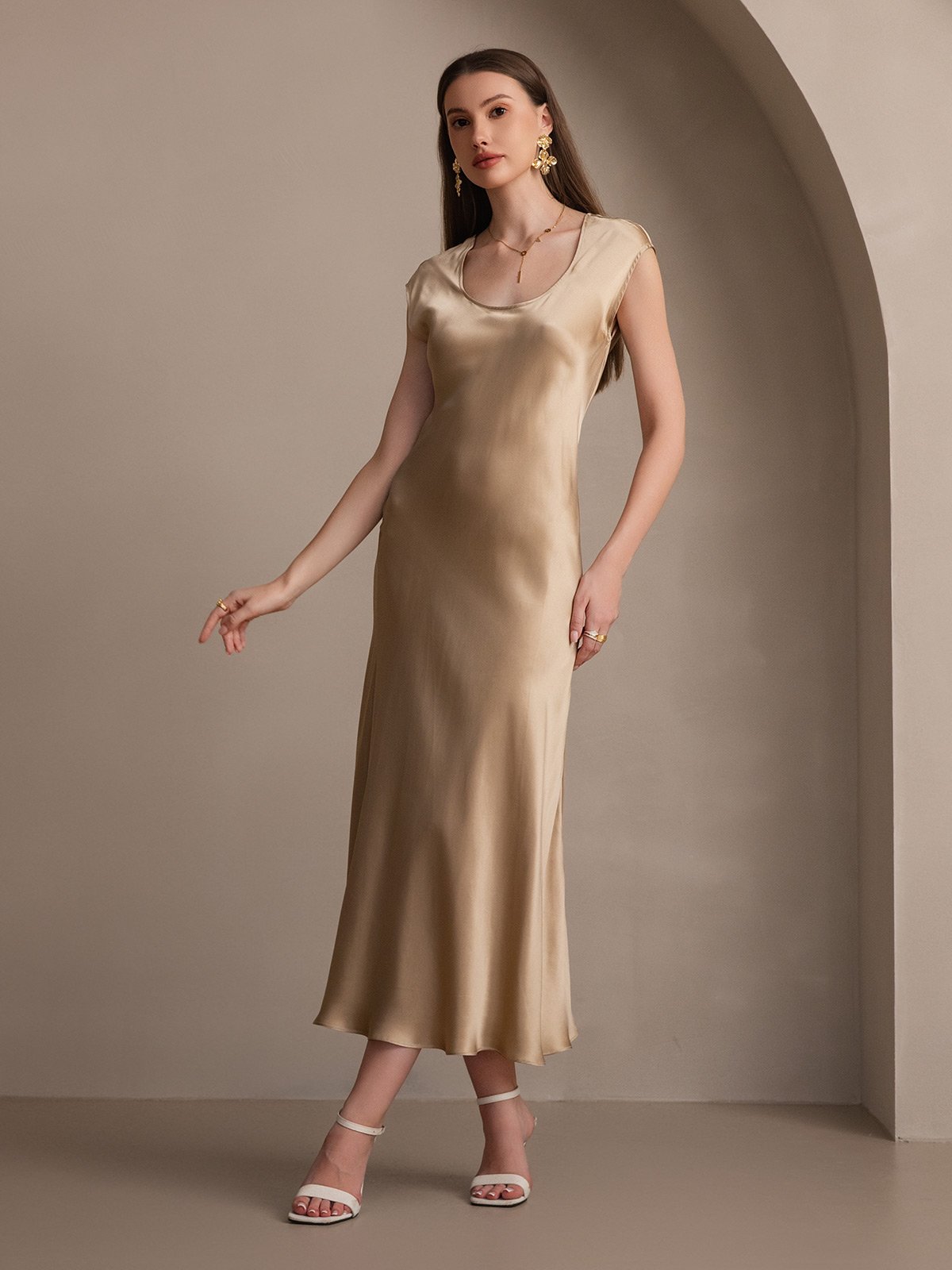 [Champagne] SilkSilky-UK 19Momme Silk Cap Sleeve Round Neck Dress 006