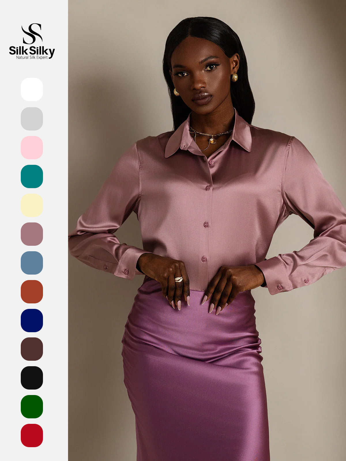 [Pale Mauve] SilkSilky-UK Silk Long Sleeve Collar Women's Shirt 001