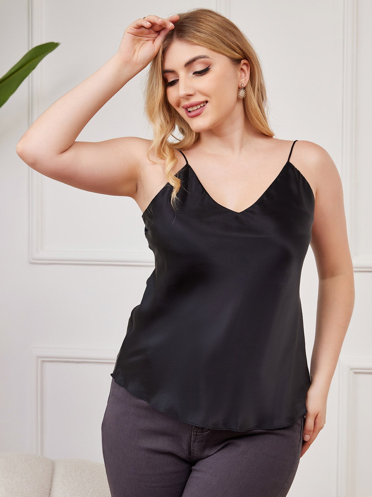 SilkSilky UK Pure Silk V Neck Plus Size Camisole Top Black 003