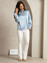 [Grayish Blue] SilkSilky-UK 19Momme Silk Keyhole Neck Women's Shirt 013
