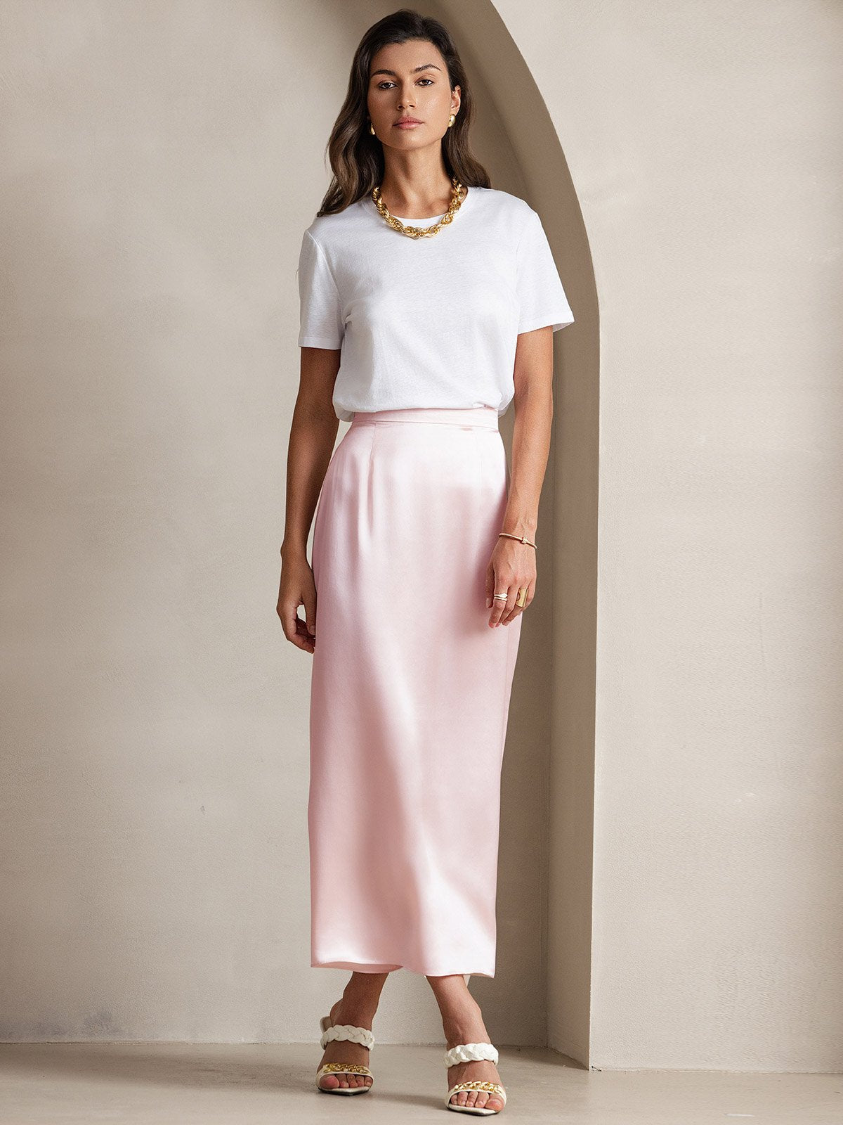 [Pink] SilkSilky-UK 19Momme Stretch Silk Charmeuse Skirt 005