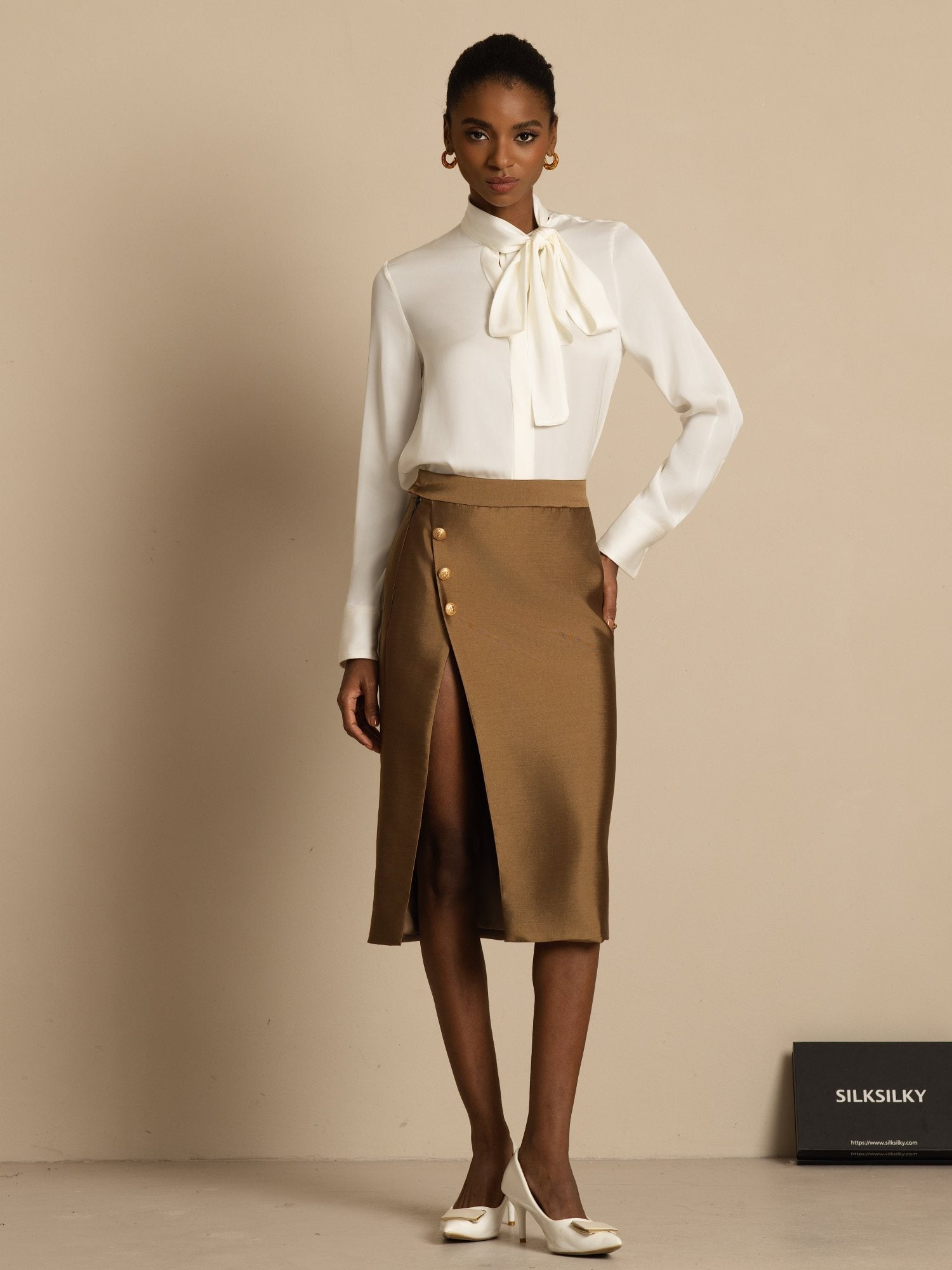 [White] SilkSilky-UK 19Momme Stretch Silk Charmeuse Long Sleeve Tie Neck Blouse 002