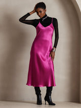 [Rose Red] SilkSilky-UK Spaghetti Strap V Neck Dress 001