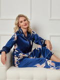 SilkSilky UK 19Momme Pure Silk Long Sleeve Lapel Women's Pyjamas DarkBlue 005