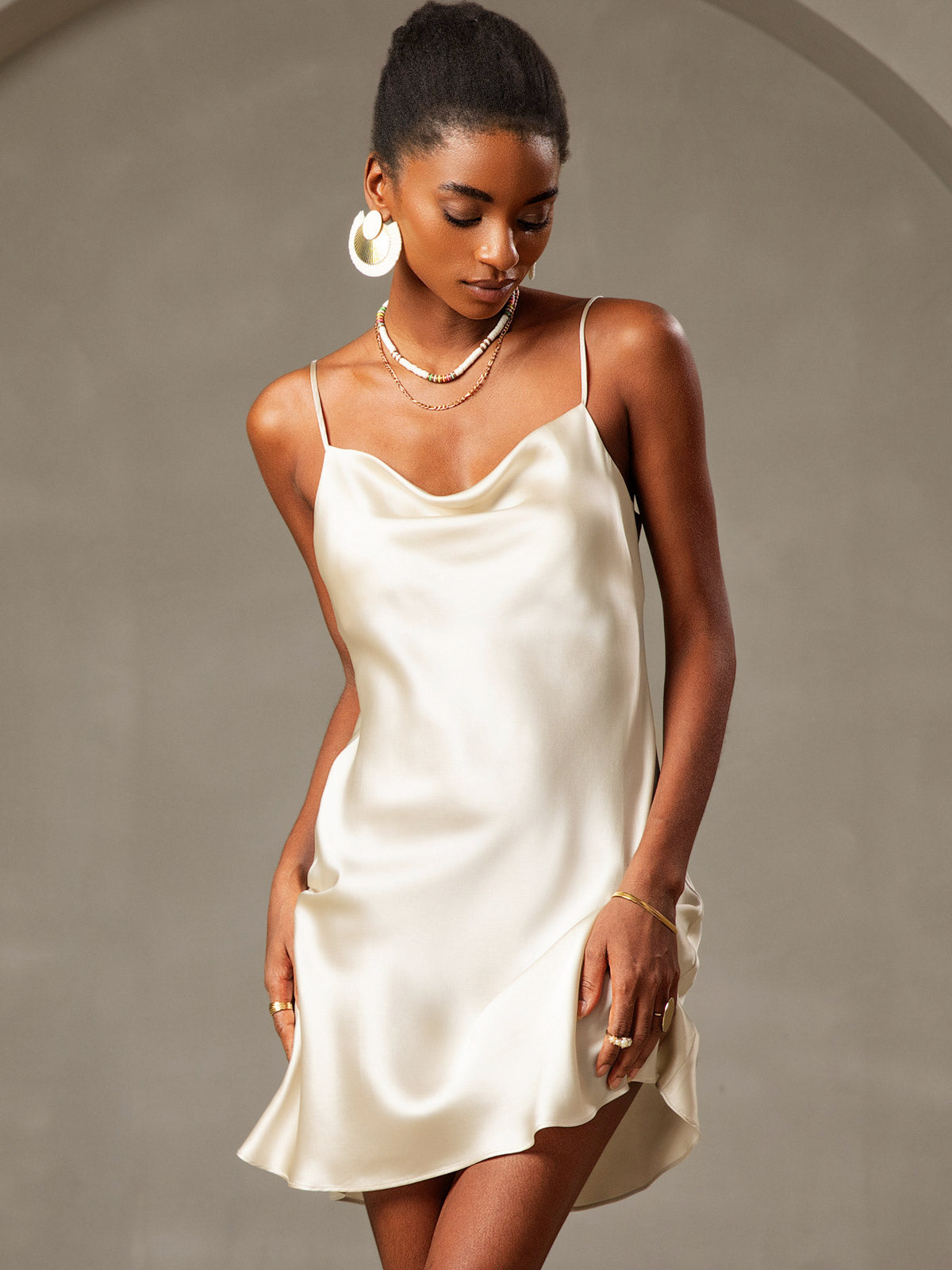 [Light Yellow] SilkSilky-UK Spaghetti Strap Cowl Neck Dress 001