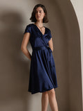 SilkSilky UK 19Momme Silk Short Sleeve V Neck Dress DarkBlue 005