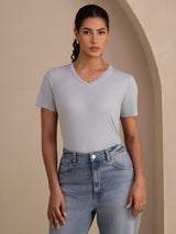 [Grayish Blue] SilkSilky-UK Short Sleeve V Neck Women's T-Shirt 003