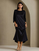 [Black] SilkSilky-UK 3/4 Sleeve Round Neck Dress 004