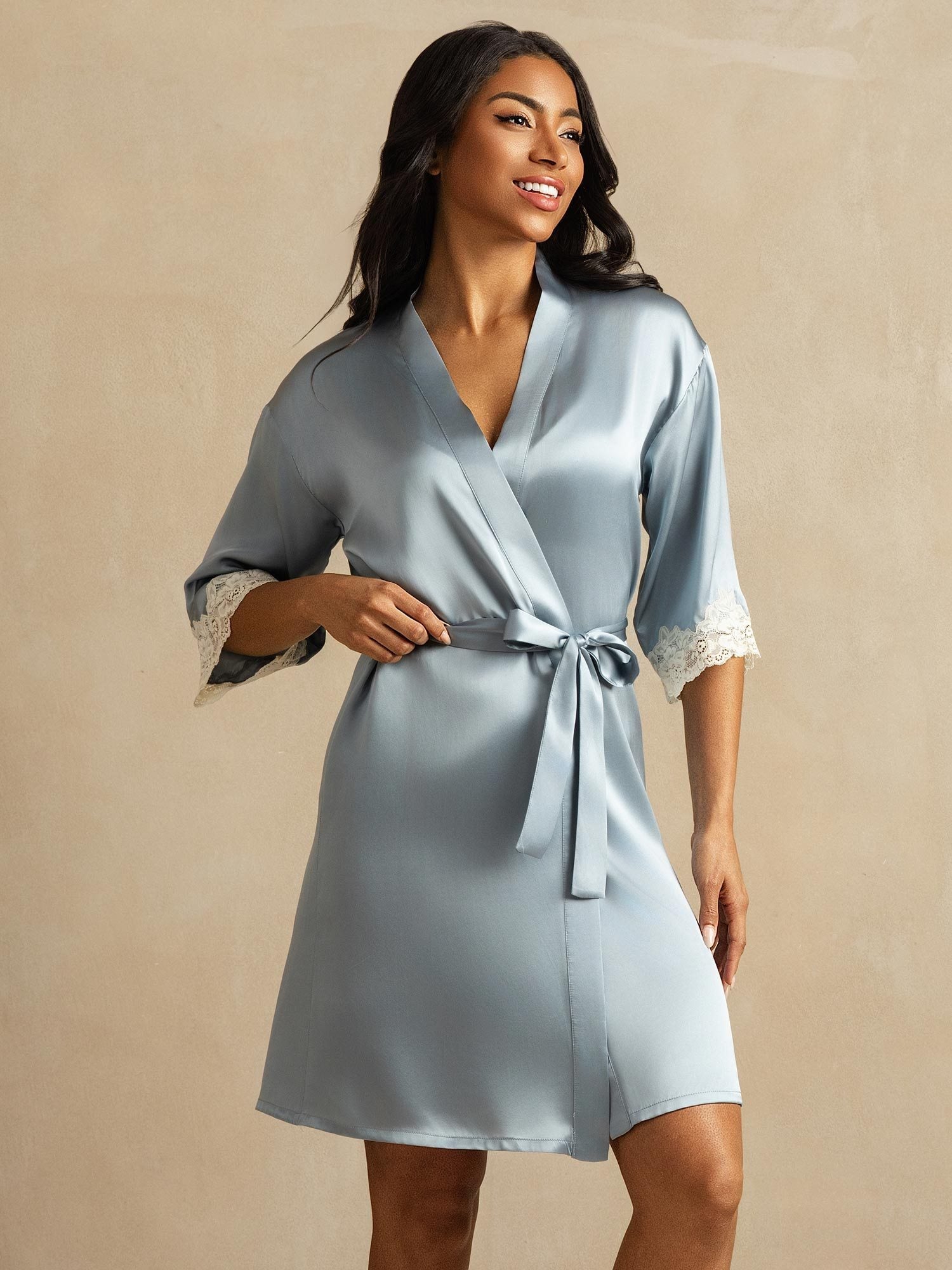 [Grayish Blue] SilkSilky-UK Pure Silk Womens Robe 001