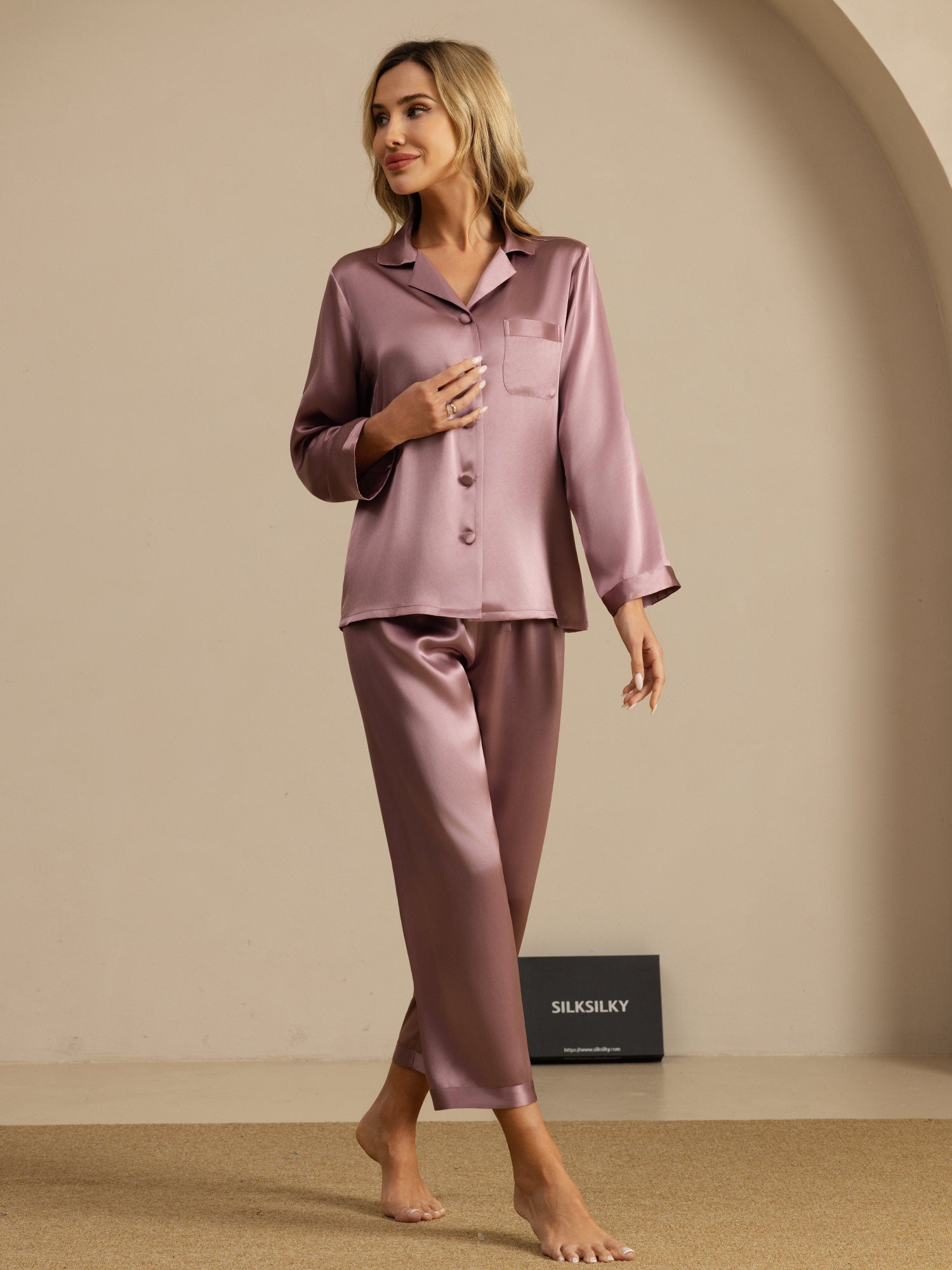 [Pale Mauve] SilkSilky-UK Long Sleeve Notch Collar Women's Pyjamas 008